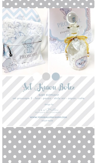 Trusou de botez cu broderie personalizata pentru baieti, Bleu & Grey Elephant 4